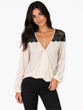 Arden B Lace Shoulder Blouse XS NWT Cream Sheer Surplice Top Feminine Chic
